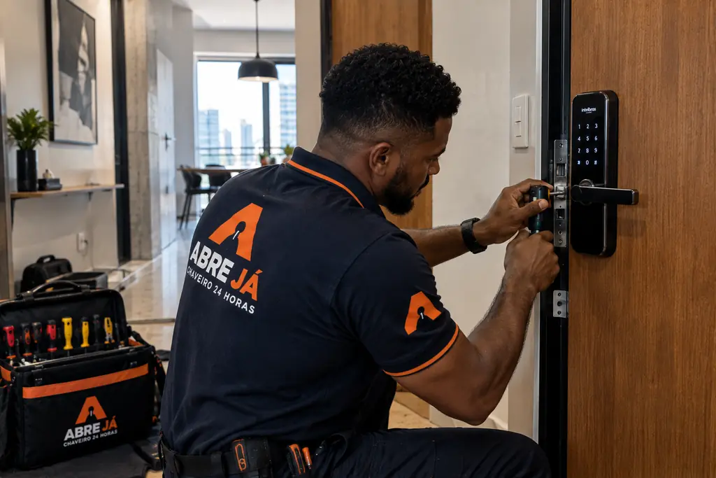 Profissional Abre Já instalando fechadura digital em porta residencial