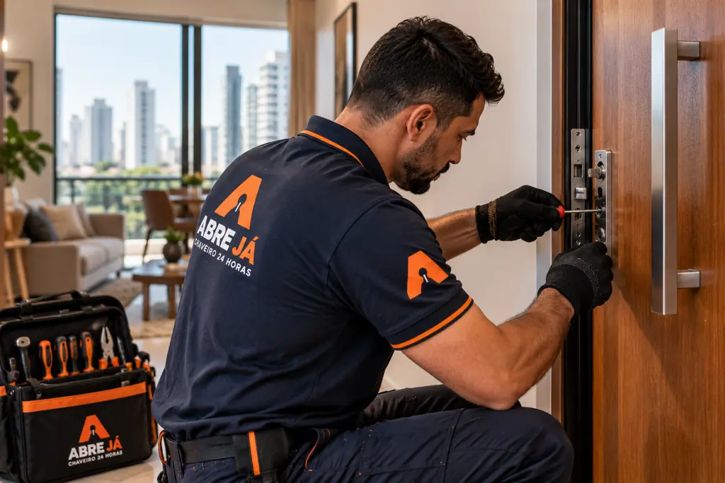 Chaveiro Abre Já fazendo reparo de fechadura em porta de apartamento